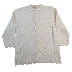 Sherry Gale Cream Ivory Chevron Cable Knit Cardigan Sweater Scalloped Trim